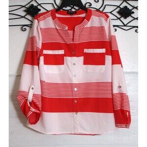 Notations Button Up Top Women's Size L Red Striped Long Sleeve